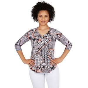 Women's Ruby Rd Patchwork Print Puff Knit Top Size 3X